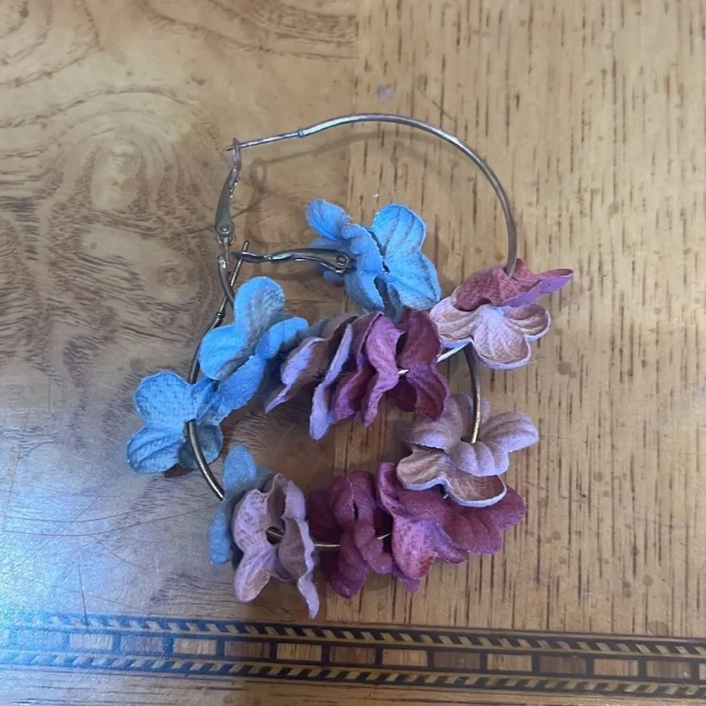 Anthropologie Floral Hoop Earrings Pink Burgundy Mauve Statement Earrings